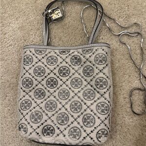Tory Burch Crystal Logo Mini Tote – Light Grey Canvas,Excellent Condition